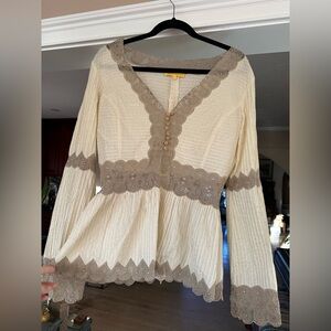 Catherine Malandrino Taupe Lace Trim Blouse